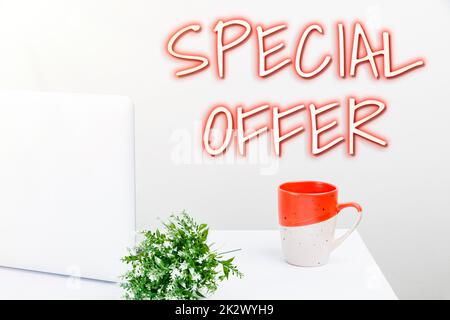 Inspiration showing sign Special Offer. Business approach Selling at a lower or discounted price Bargain with Freebies Tidy Workspace Setup, Writing Desk Tools Equipment, Smart Office Stock Photo