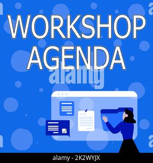Handwriting text Workshop Agenda. Business overview helps you to ensure that your place stays on schedule Woman Arranging Browser History, Editing Organizing Online Files Stock Photo