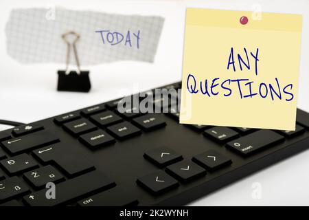 Hand writing sign Any Questions. Concept meaning Clueless Blank face Inquiry Disputes Probes Issues Riddles Computer Keyboard And Symbol.Information Medium For Communication. Stock Photo