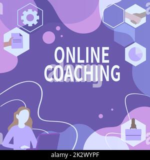 Hand writing sign Online Coaching. Word Written on Learning from online and internet with the help of a coach Woman Innovative Thinking Leading Ideas Towards Stable Future. Stock Photo