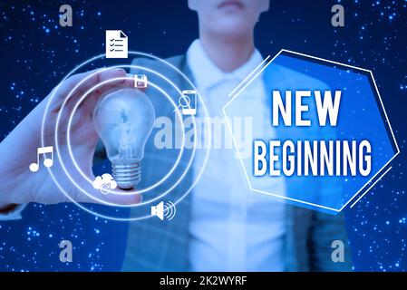 Text caption presenting New Beginning. Business concept Different Career or endeavor Starting again Startup Renew Lady in suit holding light bulb representing innovative thinking. Stock Photo