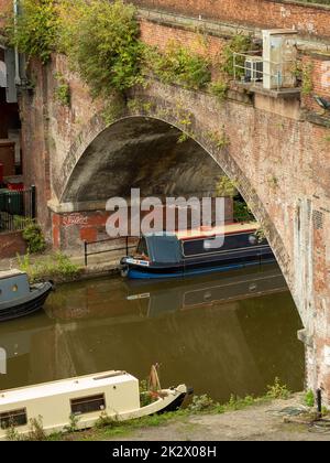 Moored narrow boats on the Bridgewater Canal. Manchester. Stock Photo