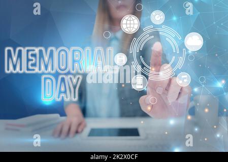 Writing displaying text Memorial Day. Business concept To honor and remembering those who died in military service Lady in suit pointing finger upwards symbolizing successful teamwork. Stock Photo