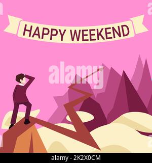 Conceptual caption Happy Weekend. Business showcase Cheerful rest day Time of no office work Spending holidays Man watching horizon arrow pointing symbolizing future project success. Stock Photo