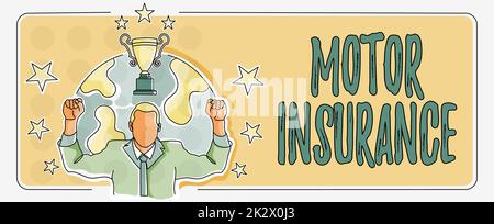 Conceptual caption Motor Insurance. Business idea Provides financial compensation to cover any injuries Businessman celebrating successful project goal achievement.