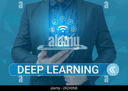 Sign displaying Deep Learning. Word for Hierarchical Abstractions Artificial Intelligence Algorithm Man holding Screen Of Mobile Phone Showing The Futuristic Technology. Stock Photo