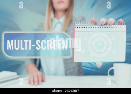 Handwriting text Multi Screen. Conceptual photo Having or involving several screen especially in a cinema Lady Pressing Screen Of Mobile Phone Showing The Futuristic Technology Stock Photo
