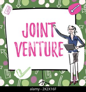 Text sign showing Joint Venture. Business idea Collaboration Arrangement Parties Partnership Team Businesswoman Casual Standing Presenting Charts And New Wonderful Ideas. Stock Photo