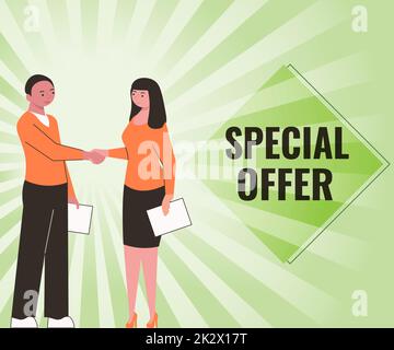 Conceptual display Special Offer. Internet Concept Selling at a lower or discounted price Bargain with Freebies Partners Shaking Signing Contract Unlocking New Ideas And Opportunities Stock Photo