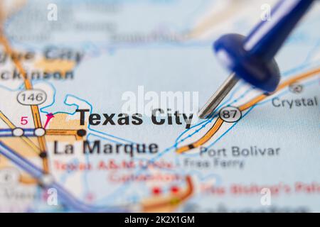 Bangkok, Thailand - January 20, 2022 Texas City, Illinois road map with red pushpin, city in the United States of America USA. Stock Photo