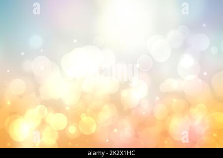 Hello spring background. Abstract delicate bright spring or summer landscape texture with natural yellow white bokeh lights, sunshine and blue sky. Beautiful backdrop with space. Stock Photo