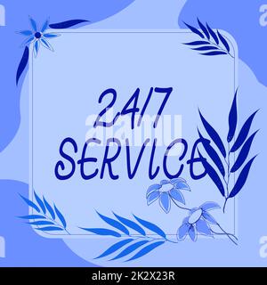 Handwriting text 24 Or 7 Service. Word Written on Always available to serve Runs constantly without disruption Blank Frame Decorated With Abstract Modernized Forms Flowers And Foliage. Stock Photo