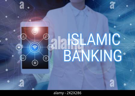 Text showing inspiration Islamic Banking. Word for Banking system based on the principles of Islamic law Lady Pressing Screen Of Mobile Phone Showing The Futuristic Technology Stock Photo