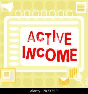 Hand writing sign Active Income. Business overview Royalties Salaries Pensions Financial Investments Tips Blank Open Spiral Notebook With A Calculator And A Pen On Table. Stock Photo