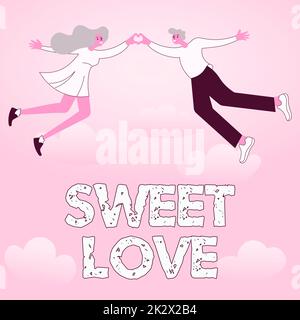 Writing displaying text SWEET LOVE. Business overview Title for beloved person Happy Valentines Day Couple holding hands forming romantic heart representing love. Stock Photo