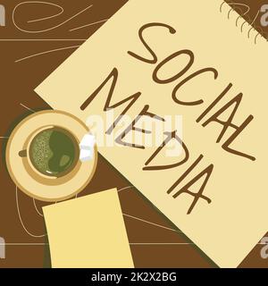 Conceptual display Social Media. Business approach Online communication channel Networking Microblogging offee cup sitting on desk with notebook representing relaxed working space. Stock Photo