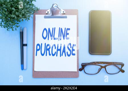 Conceptual caption Online Purchase. Concept meaning Purchases electronic commerce goods from over the Internet Flashy School Office Supplies, Teaching Learning Collections, Writing Tools Stock Photo