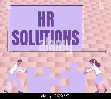 Conceptual caption Hr Solutions. Business showcase Outsourced Human resources consultancy and support Experts Colleagues Conencting Two Pieces Jigsaw Puzzle Together Showing Teamwork. Stock Photo