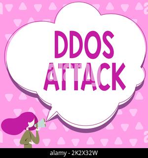 Inspiration showing sign Ddos Attack. Word for perpetrator seeks to make network resource unavailable Woman Talking Through Megaphone Making Announcement With Speech Bubble. Stock Photo