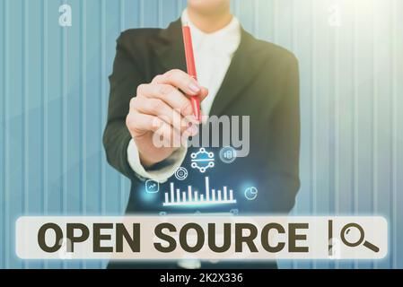 Hand writing sign Open Source. Word for denoting software which original source code freely available Lady Pressing Screen Of Mobile Phone Showing The Futuristic Technology Stock Photo