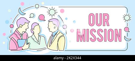Conceptual caption Our Mission. Business showcase tasks or schedule we need to made them right in order success Colleagues Sharing Thoughts Together With Speech Bubbles And Assorted S Stock Photo