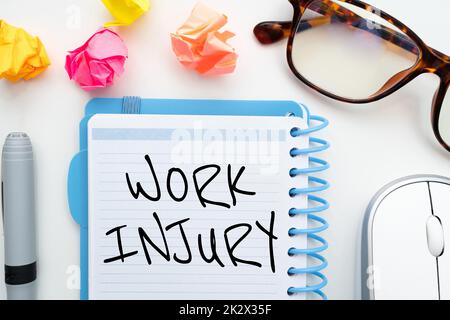 Text sign showing Work Injury. Business approach Accident in job Danger Unsecure conditions Hurt Trauma Flashy School Office Supplies, Teaching Learning Collections, Writing Tools Stock Photo