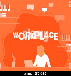 Conceptual caption Workplace. Business overview Area where you can find busy showing doing their job orders Woman Sitting On Desk Working And Presenting New Technologies. Stock Photo