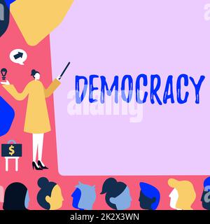 Writing displaying text Democracy. Business concept freedom of the showing to express their feelings and beliefs Lady Pointing Backdrop Presenting Newest Successfull Financial Strategies. Stock Photo