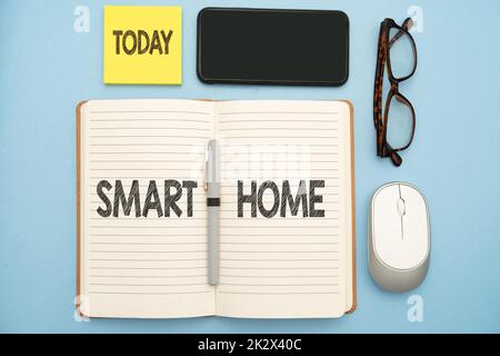 Text sign showing Smart Home. Word for automation system control lighting climate entertainment systems Flashy School Office Supplies, Teaching Learning Collections, Writing Tools Stock Photo
