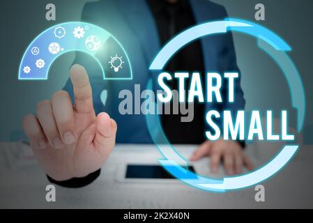 Text showing inspiration Start Small. Business approach Small medium enterprises start up Business entrepreneurship Businessman in suit pointing upwards representing innovative thinking. Stock Photo