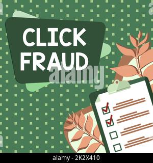 Hand writing sign Click Fraud. Conceptual photo practice of repeatedly clicking on advertisement hosted website Clipboard Drawing With Checklist Marked Done Items On List. Stock Photo