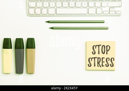 Sign displaying Stop Stress. Concept meaning Seek help Take medicines Spend time with loveones Get more sleep Flashy School Office Supplies, Teaching Learning Collections, Writing Tools Stock Photo