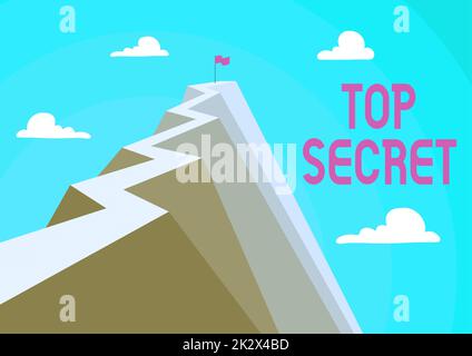 Hand writing sign Top Secret. Conceptual photo telling someone important data or information that he cant tell Mountain showing high road symbolizing reaching goals successfully. Stock Photo
