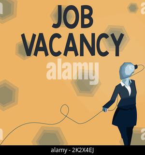 Text sign showing Job Vacancy. Business idea empty or available paid place in small or big company Lady wearing suit with a head full of ideas represented by a light bulb. Stock Photo