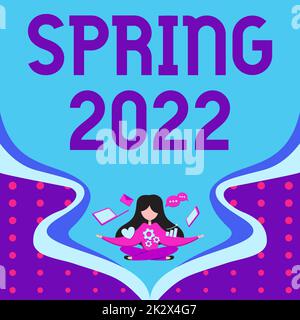 Text caption presenting Spring 2022. Internet Concept time of year where flowers rise following winter season Woman Surrounded With Technological Devices Presenting Future Advances.