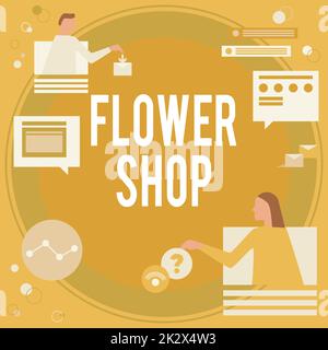 Writing displaying text Flower Shop. Business approach where cut flowers are sold with decorations for gifts Colleagues Having Online Meeting Discussing Future Project Plans. Stock Photo