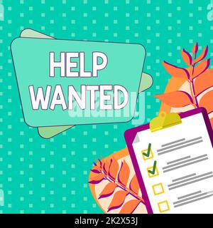 Hand writing sign Help Wanted. Concept meaning advertisement placed in newspaper by employers seek employees Clipboard Drawing With Checklist Marked Done Items On List. Stock Photo