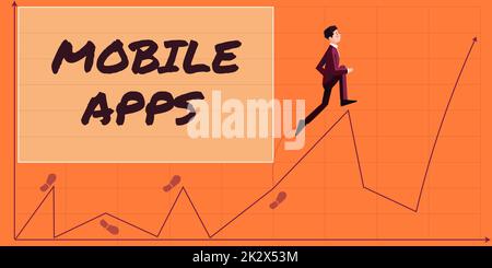 Hand writing sign Mobile Apps. Business idea small programs are made to work on phones like app store or app store usinessman climbing upwards growth chart representing project success. Stock Photo