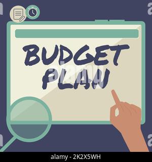 Conceptual display Budget Plan. Business showcase financial schedule for a defined period of time usually year Hand Using Big Tablet Searching Plans For New Amazing Ideas Stock Photo