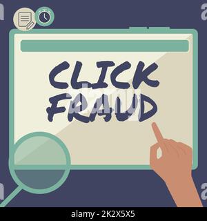 Hand writing sign Click Fraud. Word for practice of repeatedly clicking on advertisement hosted website Hand Using Big Tablet Searching Plans For New Amazing Ideas Stock Photo