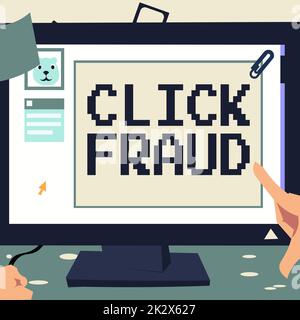 Conceptual caption Click Fraud. Business overview practice of repeatedly clicking on advertisement hosted website Hand Touching Desktop Inside Web Browser Showing Recent Technology. Stock Photo