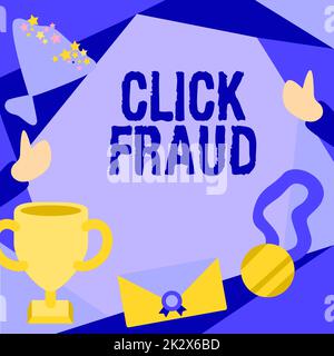 Text showing inspiration Click Fraud. Business showcase practice of repeatedly clicking on advertisement hosted website People Congratulating Success Presenting Earned Trophy Medals. Stock Photo