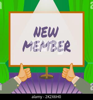 Writing displaying text New Member. Business overview recruiting employee to company or team Birth of fresh child Hands Thumbs Up Showing New Ideas. Palms Carrying Note Presenting Plans Stock Photo