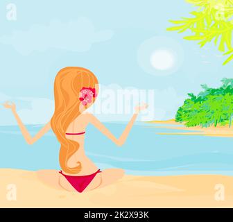 Girl in Yoga pose on Summer background with palm tree Stock Photo