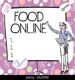 Text caption presenting Food Online. Word Written on asking for something to eat using phone app or website Businesswoman Casual Standing Presenting Charts And New Wonderful Ideas. Stock Photo