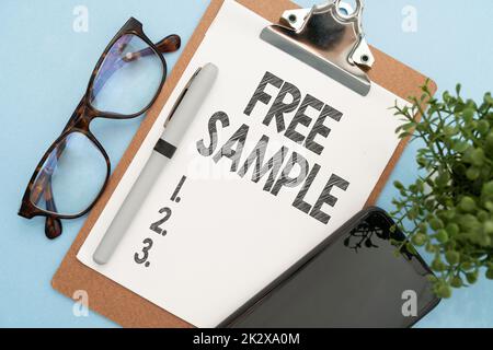 Handwriting text Free Sample. Business showcase portion of products given to consumers in shopping malls Flashy School Office Supplies, Teaching Learning Collections, Writing Tools Stock Photo