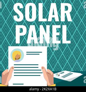 Text caption presenting Solar Panel. Word Written on designed to absorb suns rays source of energy generating Hands Holding Resume Showing New Career Opportunities Open. Stock Photo