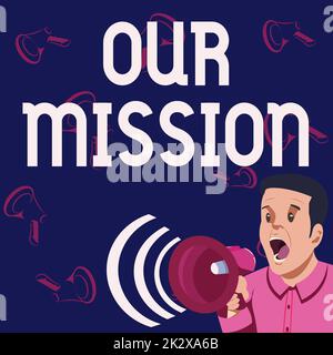 Inspiration showing sign Our Mission. Business idea tasks or schedule we need to made them right in order success Businessman Talking Through Megaphone Making Wonderful New Announcement Stock Photo