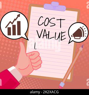 Text caption presenting Cost Value. Conceptual photo The amount that usualy paid for a item you buy or hiring a person Hands Thumbs Up Showing New Ideas. Palms Carrying Note Presenting Plans Stock Photo
