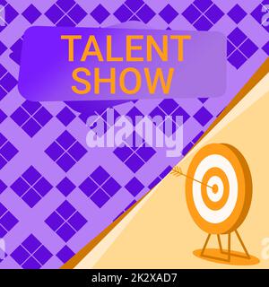 Hand writing sign Talent Show. Business approach Competition of entertainers show casting their performances Target With Bullseye Representing Successfully Completed Project. Stock Photo